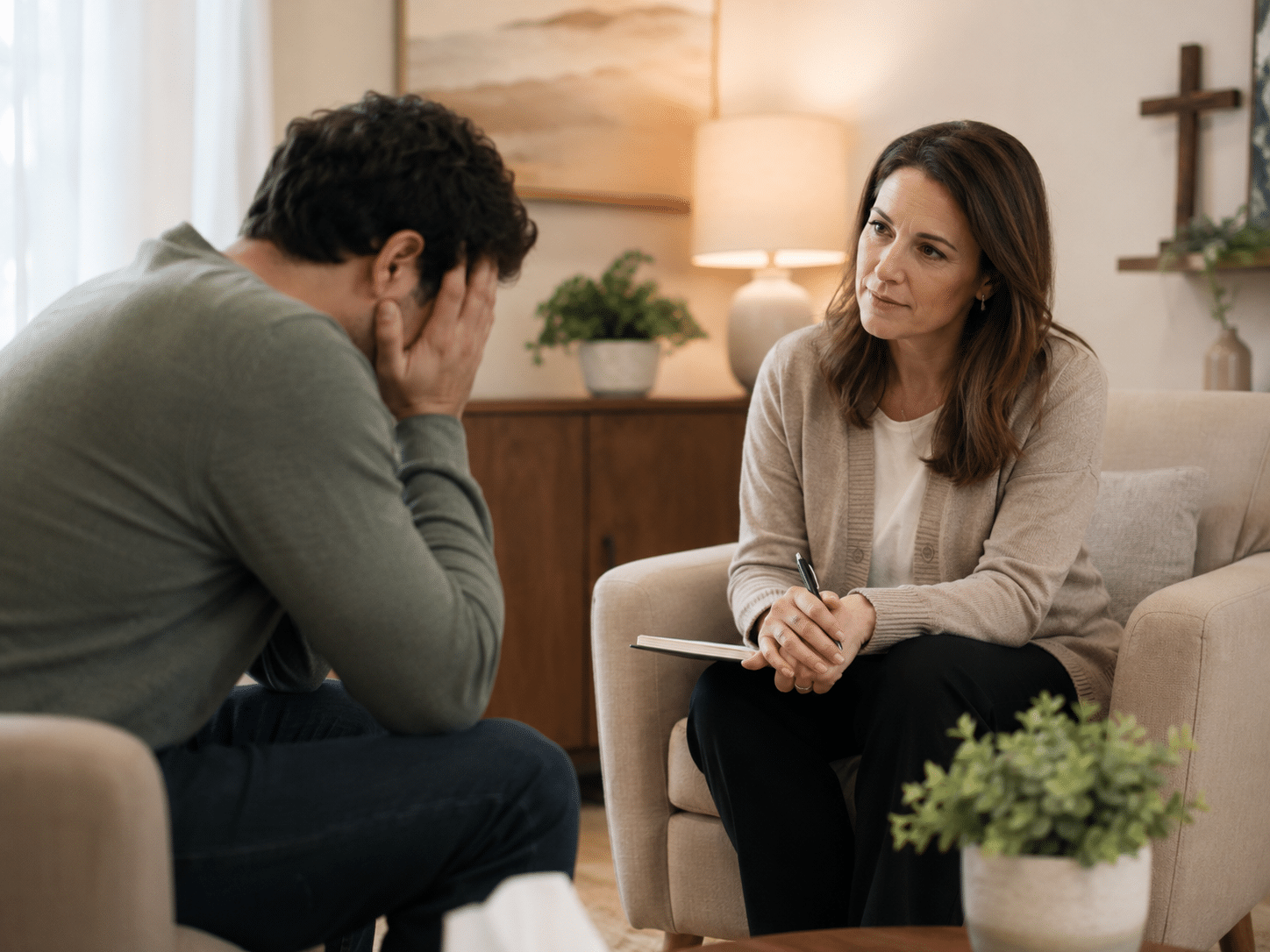 Supportive crisis counseling session with hands held in comfort